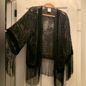Free People Blue Flocked Velvet Fringed Kimono One Size